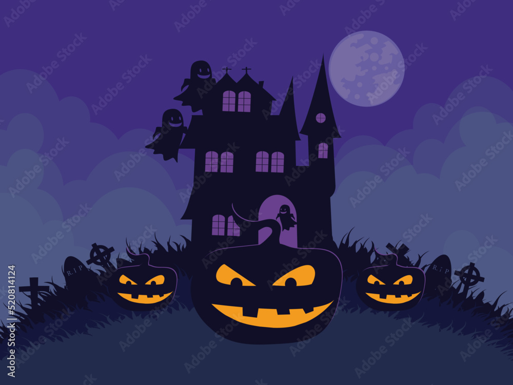 Halloween illustration background with pumpkins and night full moon