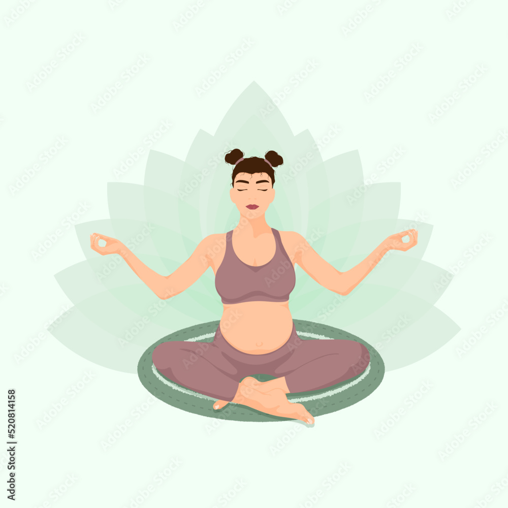 Yoga for pregnant women. Woman with closed eyes in lotus position on green background