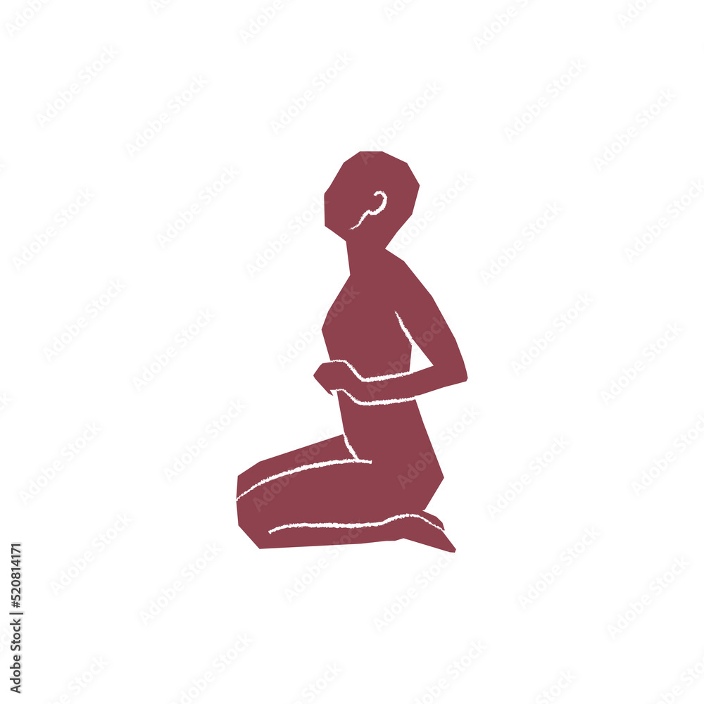 Abstract woman sitting pose on white background. Hand drawn burgundy silhouette. For home decoration, card, social media post, poster. Vector illustration, flat design