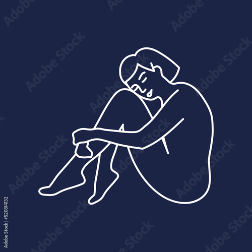Abstract woman sitting pose on dark blue background. White outline. Concept of loneliness, depression, mental health. Vector illustration, flat design
