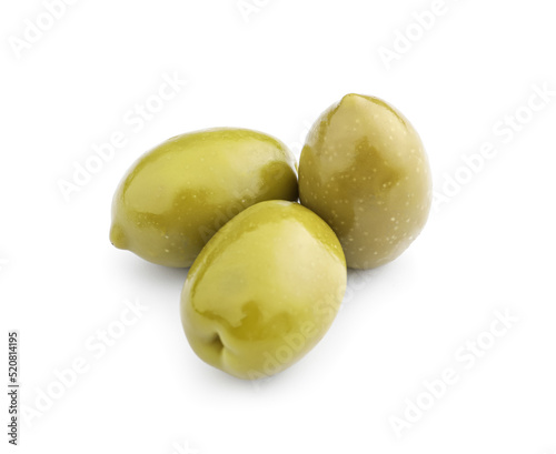 Tasty canned green olives isolated on white