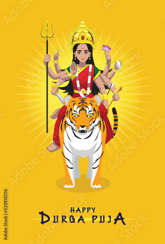 Hindu God Durga Puja Navratri Festival Kid Cartoon Vector Illustration