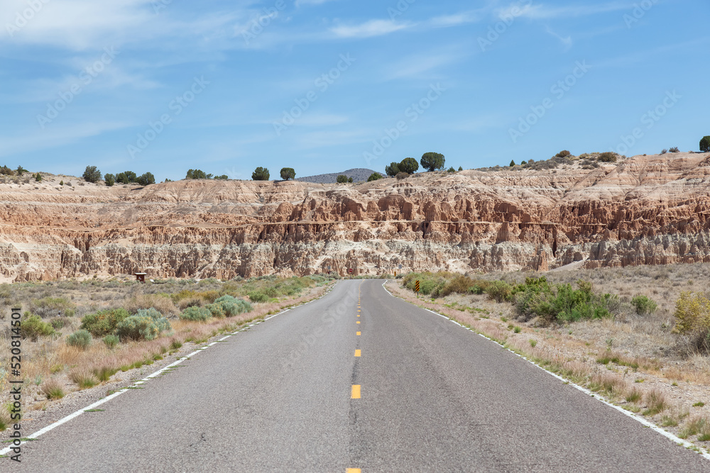 Scenic Road in the desert of American Nature Landscape. Cathedral Gorge State Park, Panaca, Nevada, United States of America. Scenic Road in the desert of American Nature Landscape. Cathedral Gorge State Park, Panaca, Nevada, United States of America.
