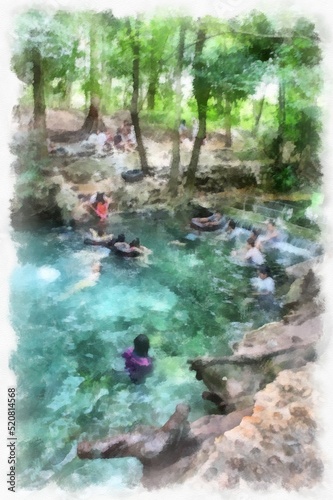 Streams in natural forests have a clear green water that people swim in watercolor style illustration impressionist painting.