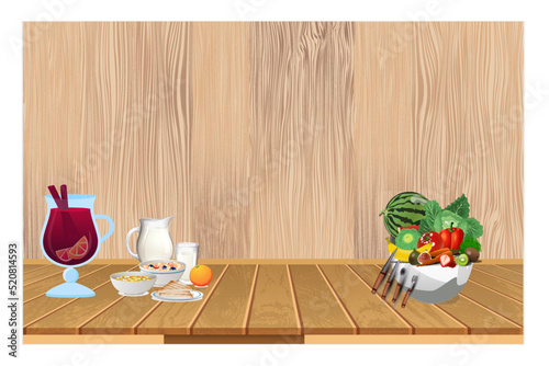 Delicious healthy breakfast, jamaica juice, fruits and vegetables, cereal, milk, orange and bread on a rustic wooden kitchen background. Healthy eating concept. vector illustration