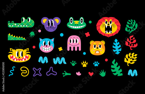 Cartoon animals set - crocodile  mouse  cat  tiger  lion  jellyfish  beaver  Vector characters collection in retro flat design  vintage comic style.
