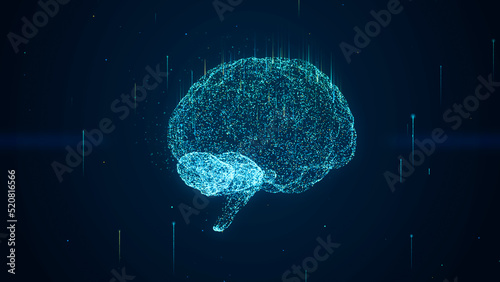 Human brain digital particle with analysis computation data, neural network connections in digital artificial intelligence computer, abstract deep learning research 3d technology illustration