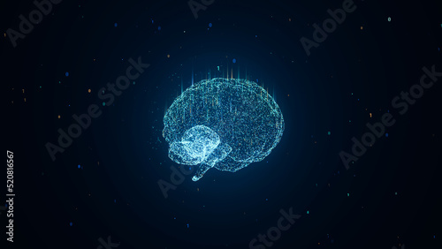 Human brain digital particle with analysis computation data, neural network connections in digital artificial intelligence computer, abstract deep learning research 3d technology illustration