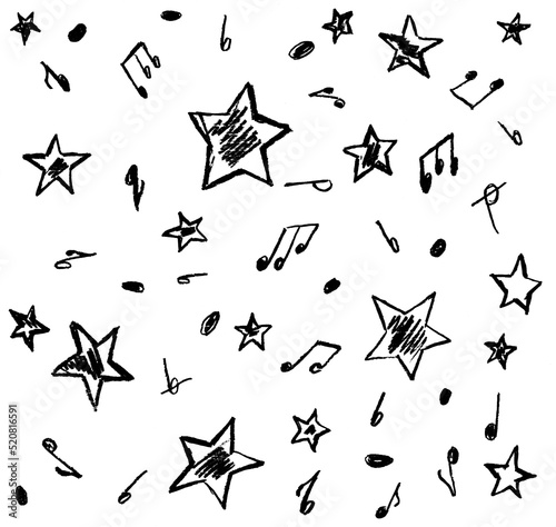 stars and musical notes in black on a white background