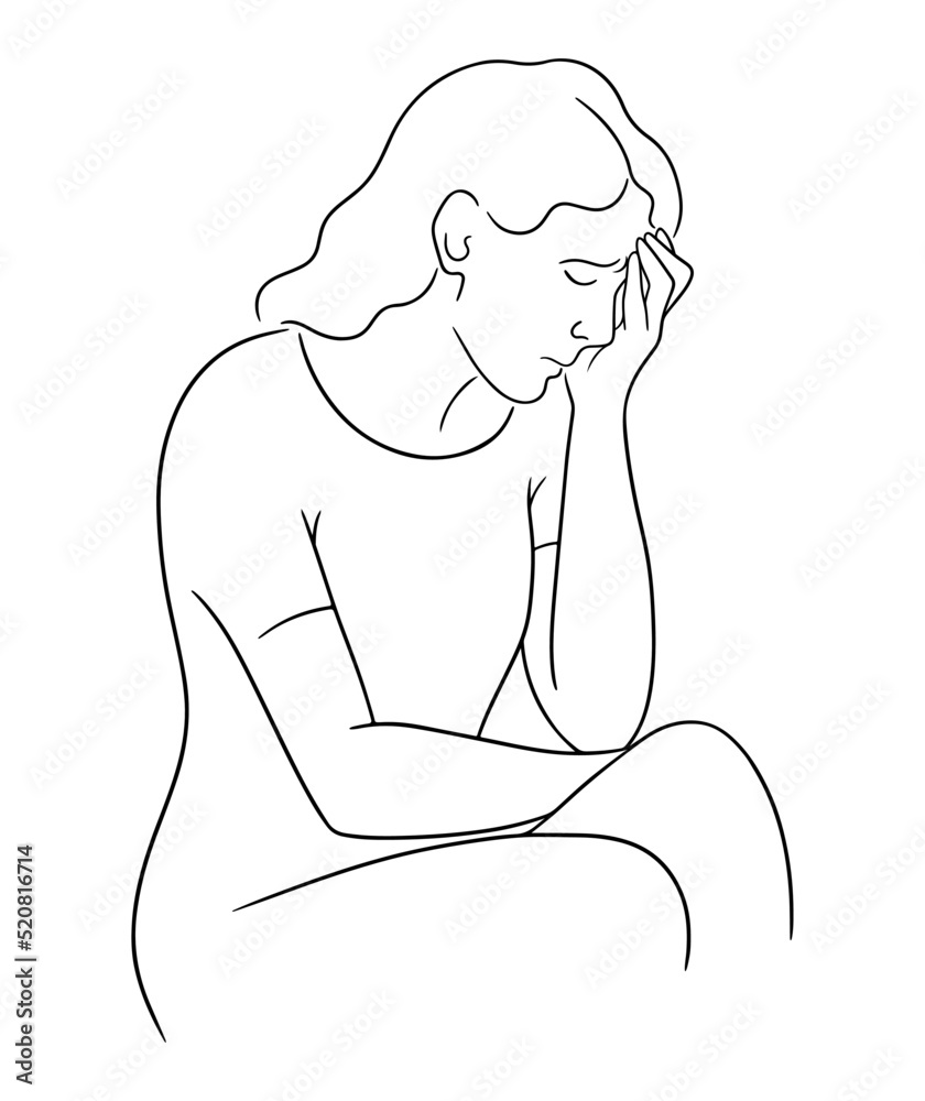 Sad gloomy woman sitting and with her head down. Sketch of person under stress. Mental health concept