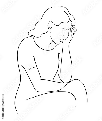 Sad gloomy woman sitting and with her head down. Sketch of person under stress. Mental health concept