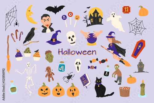Fototapeta Naklejka Na Ścianę i Meble -  Halloween doodle vector set. Flat illustration