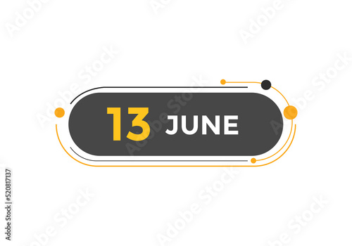 june 13 calendar reminder. 13th june daily calendar icon template. Vector illustration 
