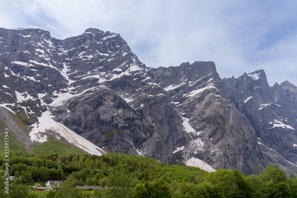 The Troll Wall (English) or Trollveggen (Norwegian),a part of the mountain massif Trolltindene (Troll Peaks) in the Romsdalen valley, Norway