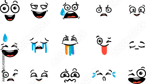 Various Cartoon Emoticons Set. Doodle faces, eyes and mouth. Caricature comic expressive emotions, smiling, crying and surprised character face expressions © Drekhann