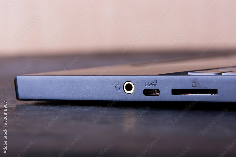 laptop close-up side view, laptop connectors close-up