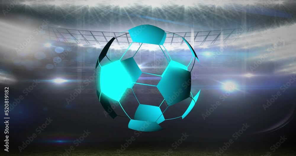 Animation of neon soccer ball over sport stadium