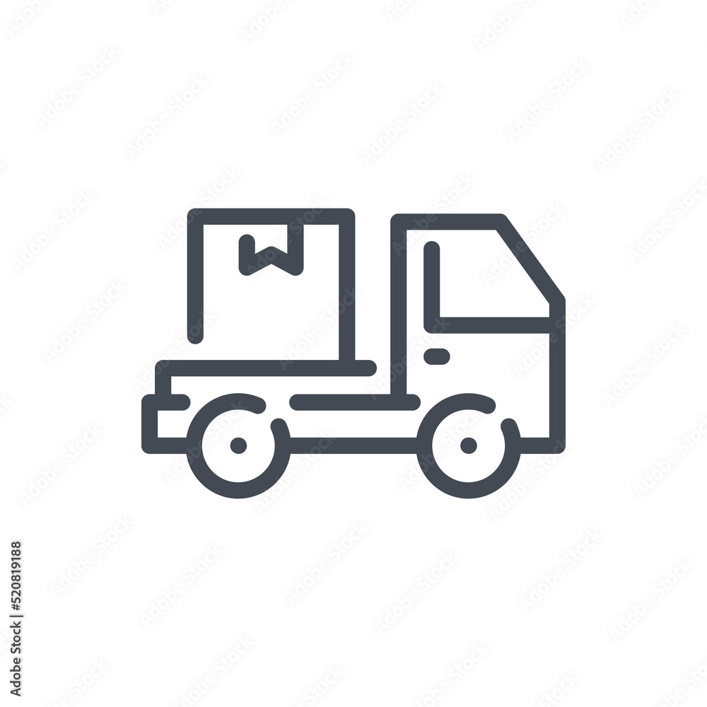 Delivery van and fast shipping line icon. Cargo vehicle with delivery box vector outline sign.