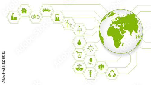 Green Business template background with icons for Eco friendly and Sustainability concept with flat icons, vector illustration