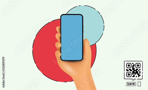 Vector cartoon hand holding the black smartphone with a QR code and scan me text - modern frameless - isolated on white background
