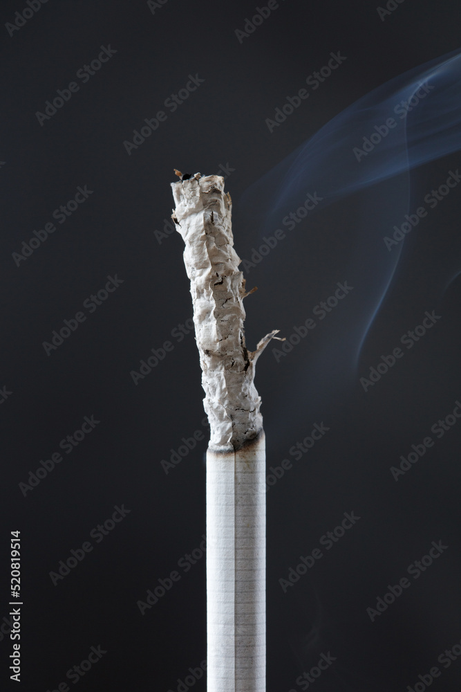 Сlose up burnt cigarette with smoke and ash on a black background. Concepts of women's health, bad habits, addiction. Shallow depth of field.