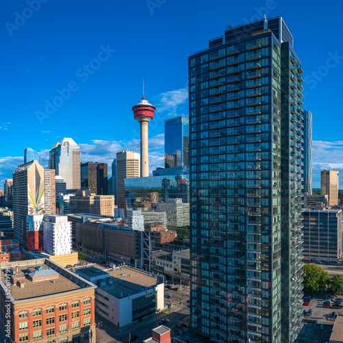 Calgary business district cityscape and skyline with the view of the Calgary Tower in Alberta, Canada