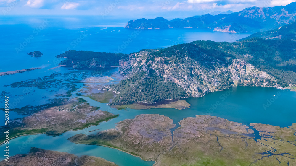 Dalyan province of Muğla and natural water channels flowing from Köyceğiz Lake through Aegean Sea. 