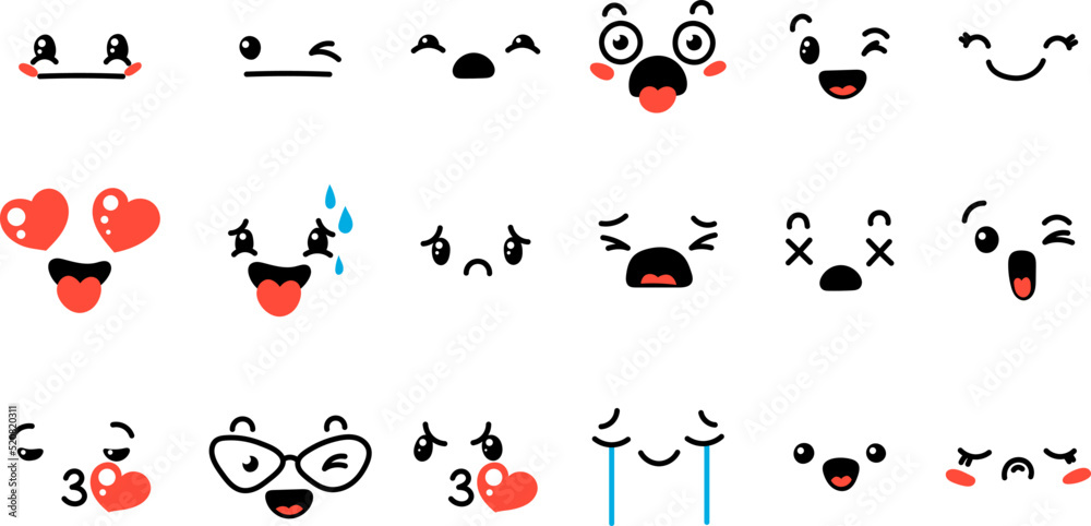 Various Cartoon Emoticons Set. Doodle faces, eyes and mouth. Caricature comic expressive emotions, smiling, crying and surprised character face expressions Various Cartoon Emoticons Set. Doodle faces, eyes and mouth. Caricature comic expressive emotions, smiling, crying and surprised character face expressions