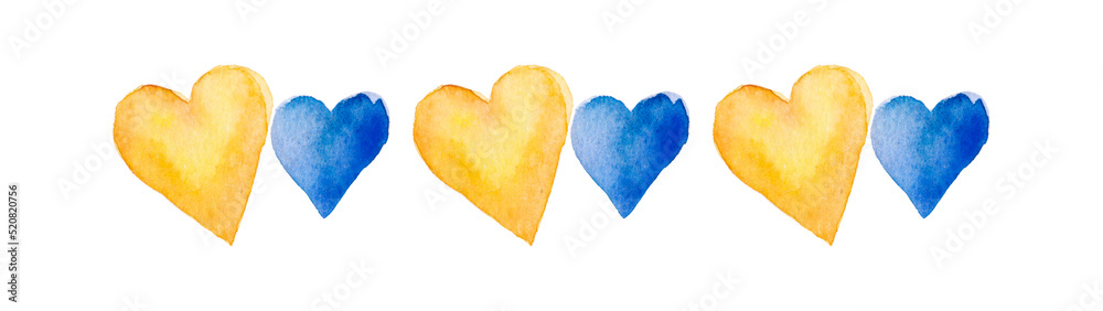 Fototapeta premium Blue and yellow hearts with the flag of Ukraine. Ukrainian Russian war. Watercolor cartoon isolated illustration.