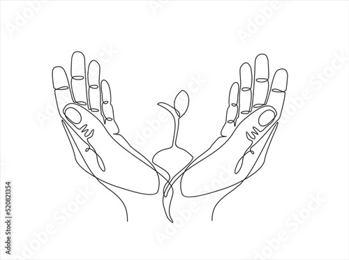 Single continuous line of hands holding  a plant. Concept of growing and love earth.
