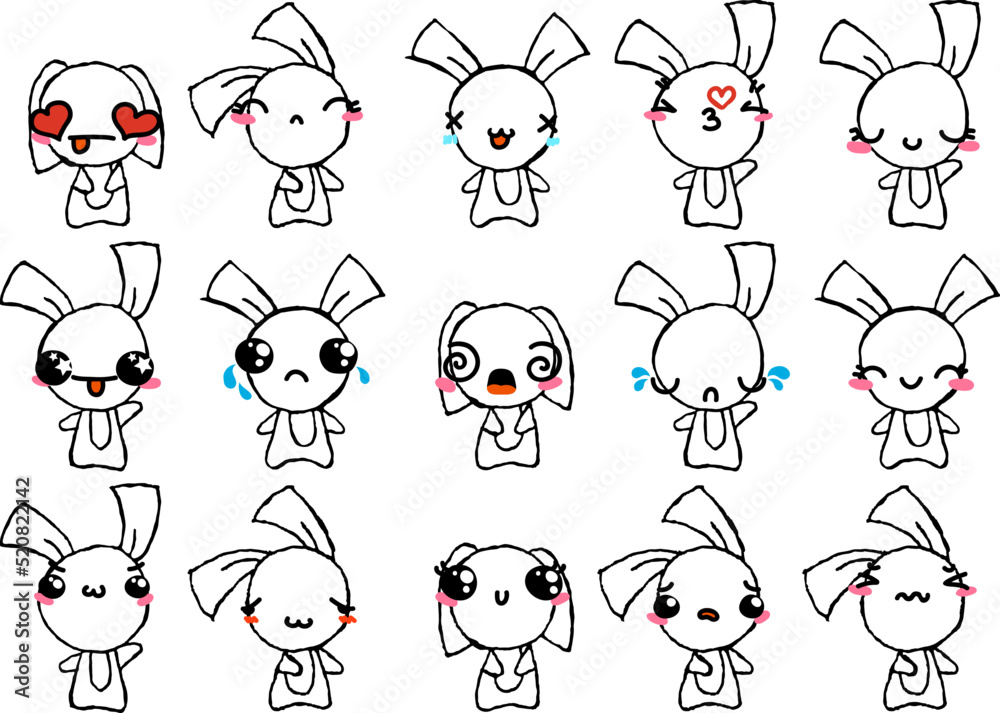 Set of Rustic Rabbits with Emoticons. Doodle faces, eyes and mouth. Caricature comic expressive emotions, smiling, crying and surprised character face expressions
