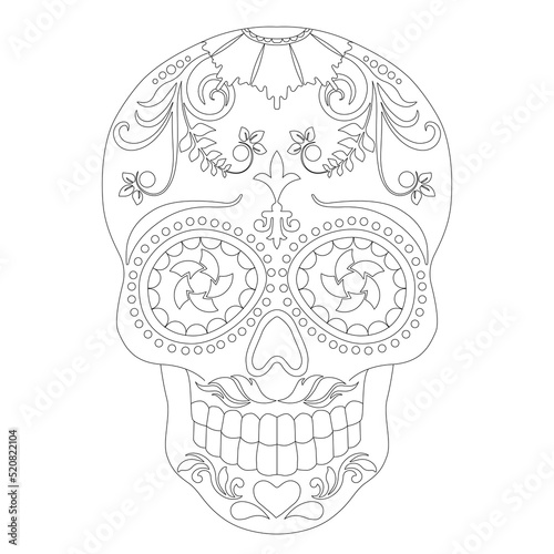 Doodle stylized black and white sugar skull, hand drawn ink monochrome, stock vector illustration