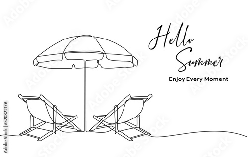 Continuous line drawing of summer vacation concept, sandy beach, beach umbrella, lounge chairs, straw hat, sunglasses and flip flops on tropical beach in single line doodle style. Editable strokes.