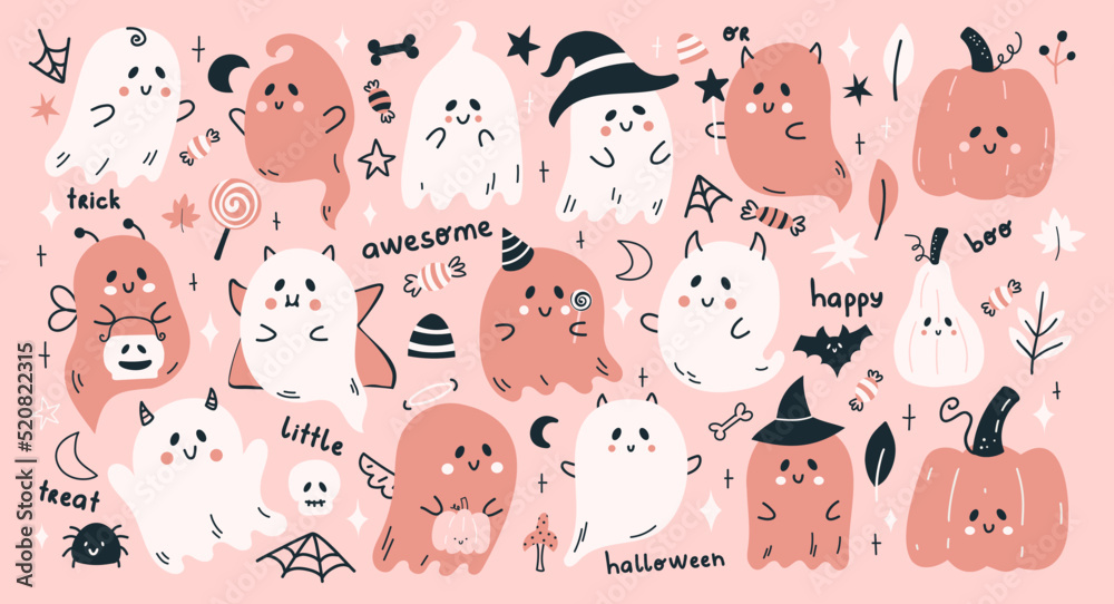 Naklejka premium Cute Halloween vector set pattern with cartoon ghosts, pumpkins and more funny elements. Hand drawn Halloween lettering quotes.