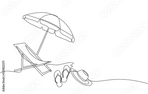 Continuous line drawing of summer vacation concept, sandy beach, beach umbrella, lounge chairs, straw hat, sunglasses and flip flops on tropical beach in single line doodle style. Editable strokes.