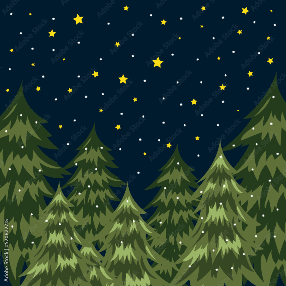 Christmas card. Night winter forest. Christmas trees.
High quality vector image.