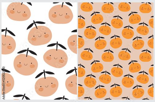 Cute Hand Drawn Semaless Vector Pattern with Kawaii Style Peaches, Oranges or Apples on a White and Beige Background. Simple Nursery Print with Happy Fruits ideal for Fabric, Wrapping Paper, Textile.