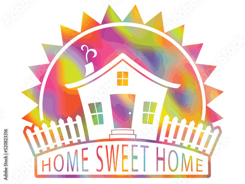 Home sweet home quote with cute tiny house on a hill with white picket fence and big sun behind in bright festive colors isolated on white. tiny house living concept