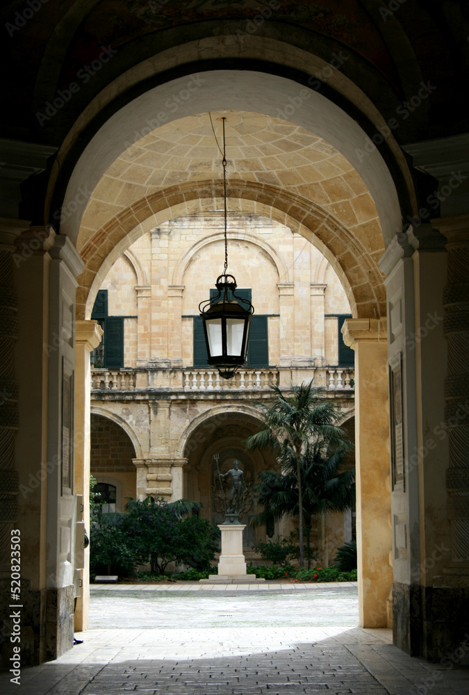 Archway to courtyard of Grandmasters Palace, Valletta, Malta