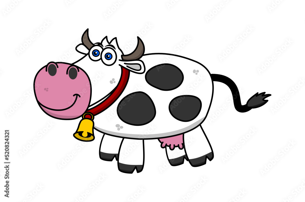 Fototapeta premium Dairy cow with blue eyes wearing a bell on a white background