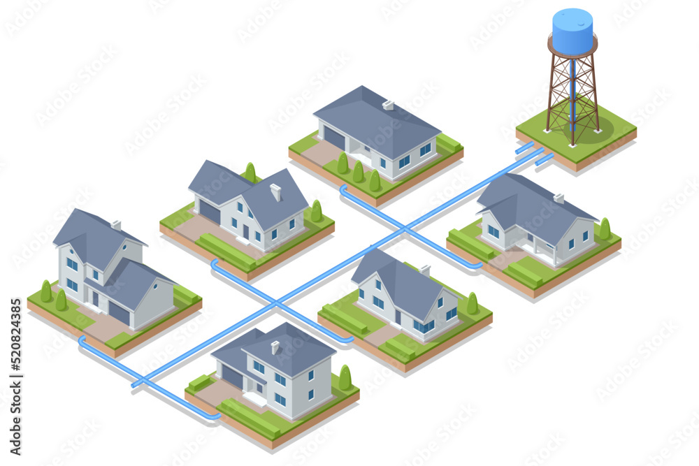 Isometric water tower with distribution of drinking water to the villas. water tank constructed at a height sufficient to pressurize a distribution system for potable water