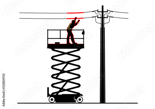 Work platform hazards. Contact with power lines. Vector.