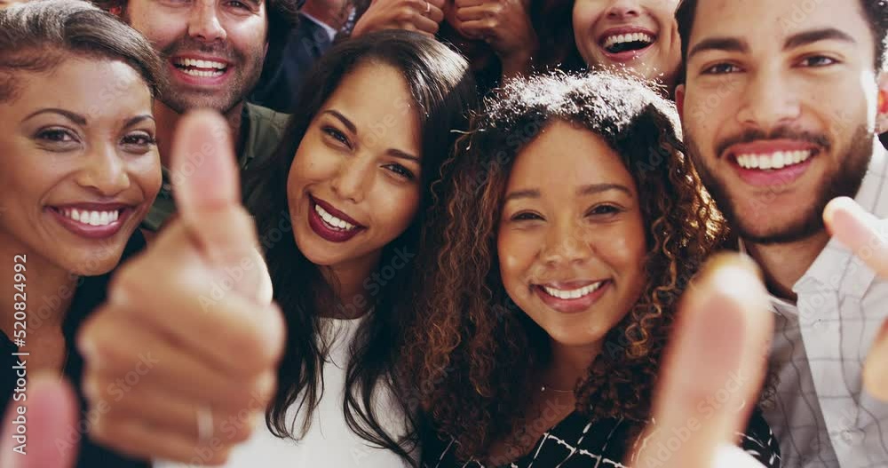 Thumbs up, success and teamwork gesture from businesspeople in a group portrait while showing hand emoji sign or gesture. Happy diverse team of corporate workers with a good and winning expression