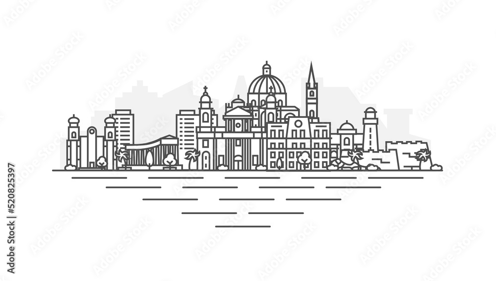 Valletta, Malta architecture line skyline illustration. Linear vector Kiev cityscape with famous landmarks, city sights, design icons. Landscape with editable strokes. - obrazy, fototapety, plakaty 