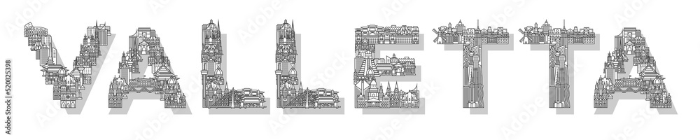 Vector illustration of the Valletta, Malta consisting of buildings and houses. Trendy linear lettering. Suitable for web, advertising, posters, banners and brochures.