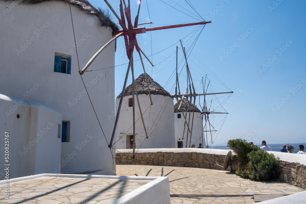 Panoramic views of the Greek islands. Vacation. Mediterranean. Cruise ship.
Windmills. Nature