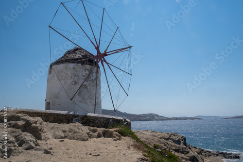 Panoramic views of the Greek islands. Vacation. Mediterranean. Cruise ship. Windmills. Nature