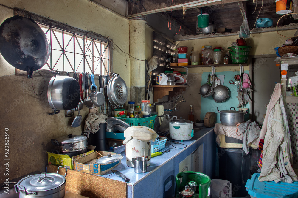 An kitchen with equipment and accessories in a village house
