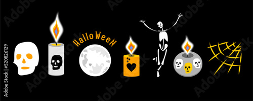 Halloween set on black background. The candles are lit, the fire is realistic, skulls are painted on the candles. Gray skull with yellow eyes, cobweb, moon. Flat style.