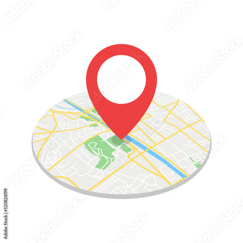 Abstract circular map of the general city with a red marker. Vector illustration..